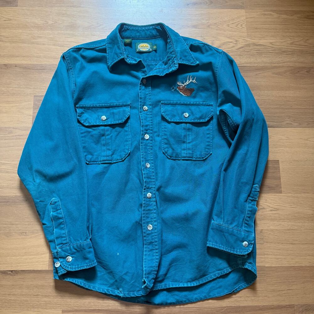 Men's Vintage Cabela's Cotton Dark Teal Blue Deer Button Up Long Sleeve Shirt L